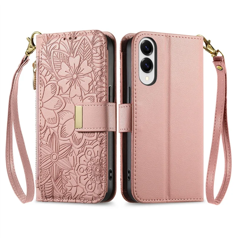 For Samsung Galaxy S25 Edge Case Floral Leaf Pattern Multi Card Slots Zipper Leather Phone Cover with Wrist Strap - Pink