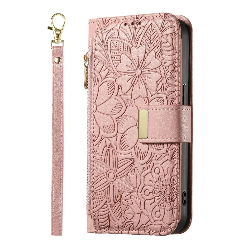 For Samsung Galaxy S25 Edge Case Floral Leaf Pattern Multi Card Slots Zipper Leather Phone Cover with Wrist Strap - Pink