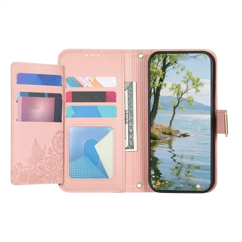 For Samsung Galaxy S25 Edge Case Floral Leaf Pattern Multi Card Slots Zipper Leather Phone Cover with Wrist Strap - Pink