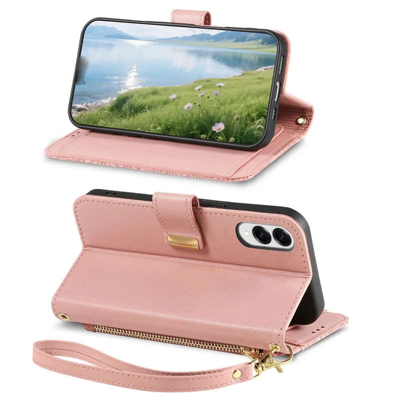 For Samsung Galaxy S25 Edge Case Floral Leaf Pattern Multi Card Slots Zipper Leather Phone Cover with Wrist Strap - Pink