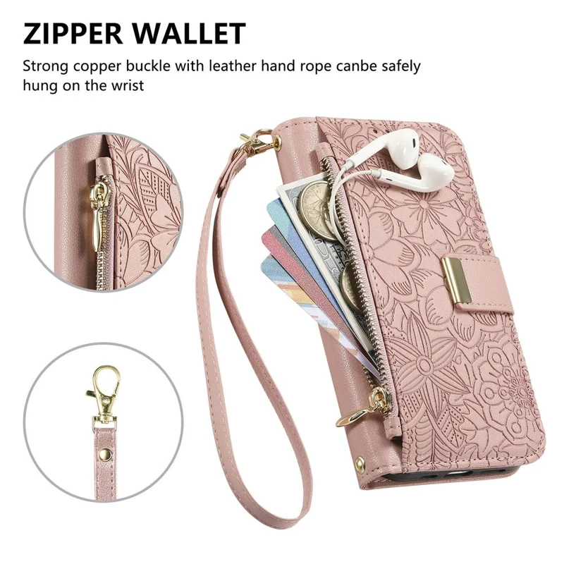 For Samsung Galaxy S25 Edge Case Floral Leaf Pattern Multi Card Slots Zipper Leather Phone Cover with Wrist Strap - Pink
