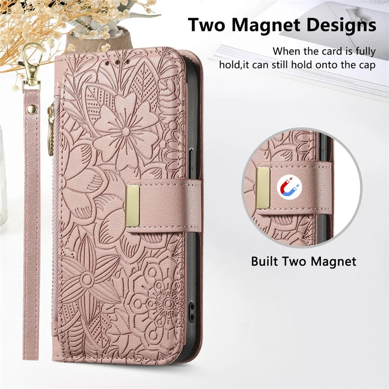 For Samsung Galaxy S25 Edge Case Floral Leaf Pattern Multi Card Slots Zipper Leather Phone Cover with Wrist Strap - Pink