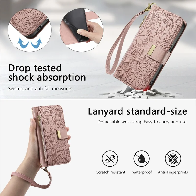 For Samsung Galaxy S25 Edge Case Floral Leaf Pattern Multi Card Slots Zipper Leather Phone Cover with Wrist Strap - Pink