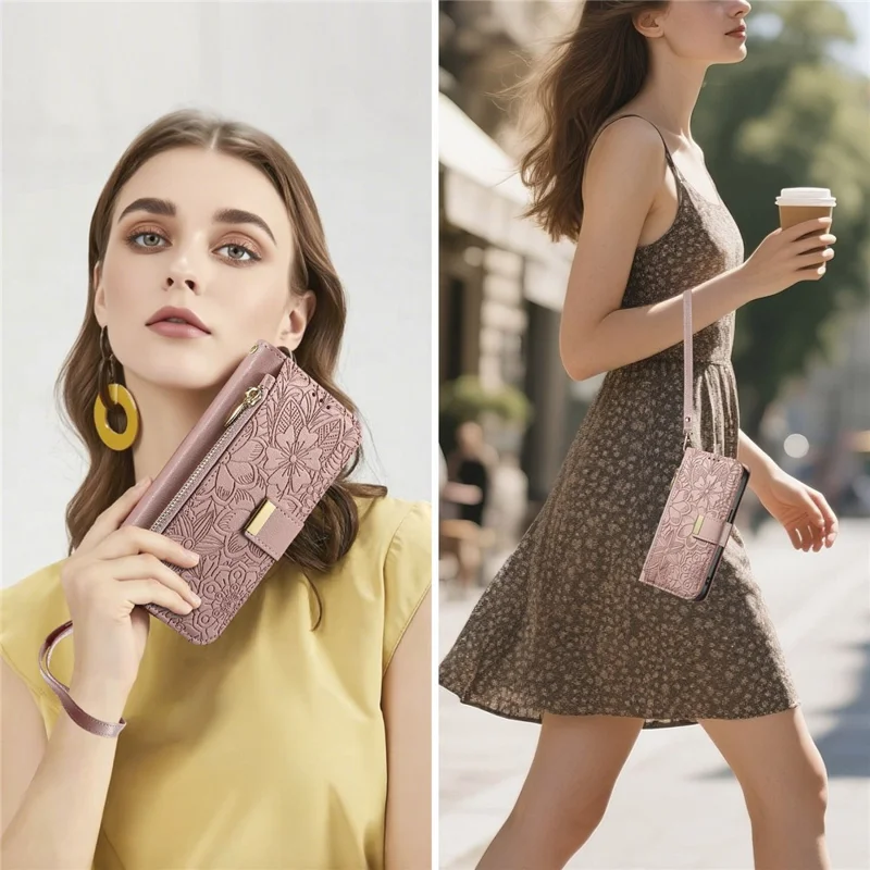 For Samsung Galaxy S25 Edge Case Floral Leaf Pattern Multi Card Slots Zipper Leather Phone Cover with Wrist Strap - Pink