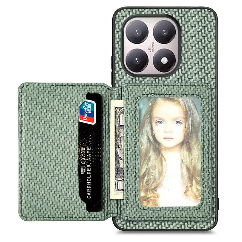 For Xiaomi 15T Case RFID Blocking Carbon Fiber Leather Phone Back Cover with Card Holder - Green