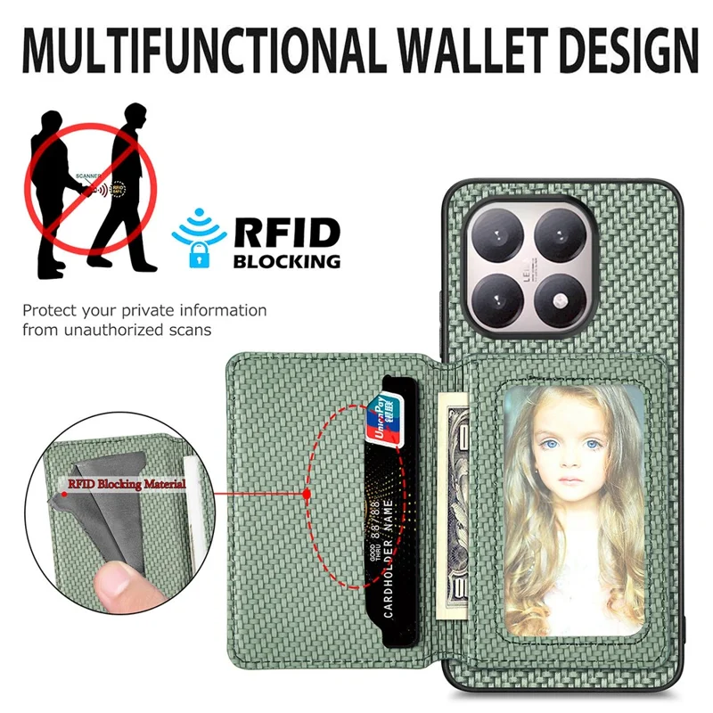 For Xiaomi 15T Case RFID Blocking Carbon Fiber Leather Phone Back Cover with Card Holder - Green
