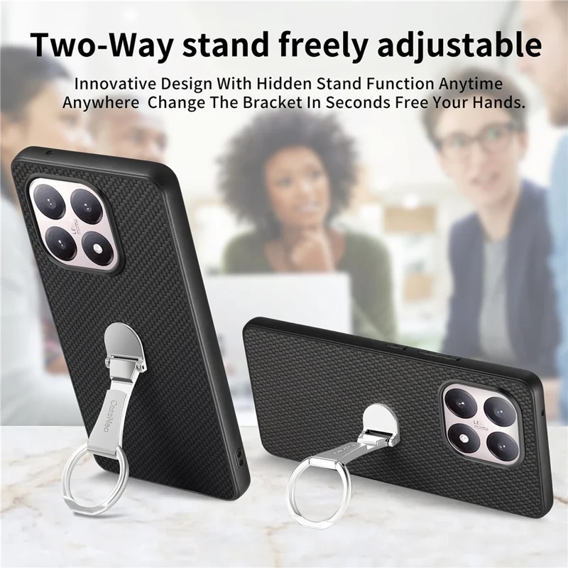CASENEO C1-19 for Xiaomi 15T Case Folding Kickstand Leather Back Cover Carbon Fiber Texture - Black