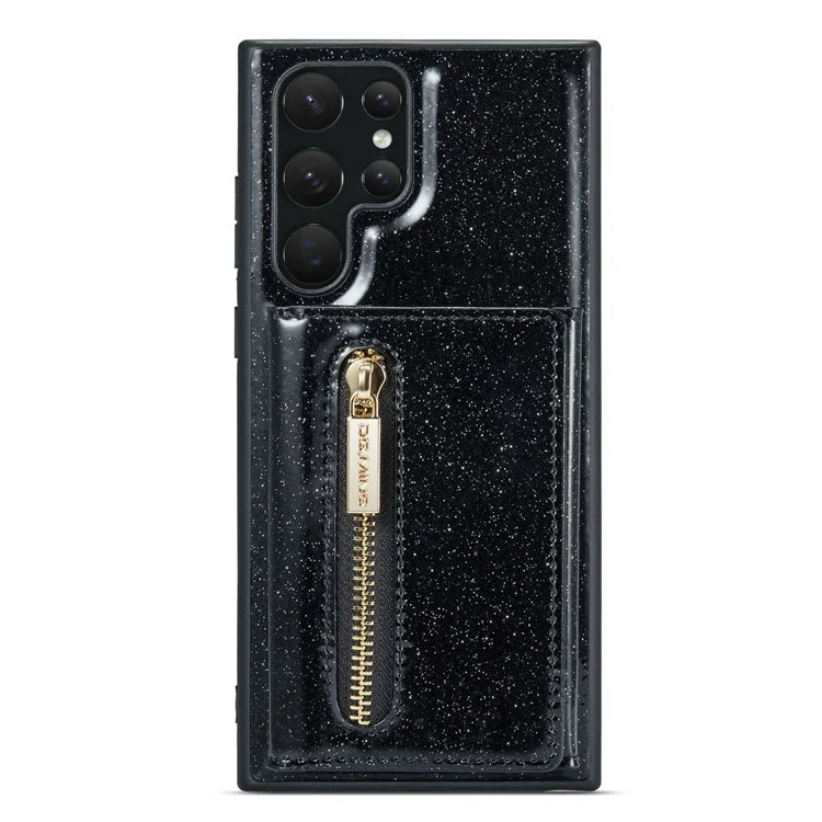 DG.MING M3 Series For Samsung Galaxy S23 Ultra 2-in-1 Glittery PU Leather Coated PC+TPU Back Case Magnetic Detachable Zipper Wallet Anti-drop Phone Cover with Kickstand - Black