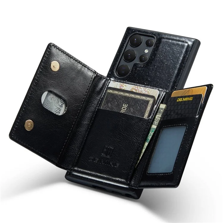 DG.MING M3 Series For Samsung Galaxy S23 Ultra 2-in-1 Glittery PU Leather Coated PC+TPU Back Case Magnetic Detachable Zipper Wallet Anti-drop Phone Cover with Kickstand - Black