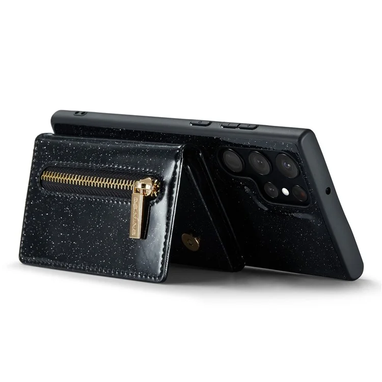 DG.MING M3 Series For Samsung Galaxy S23 Ultra 2-in-1 Glittery PU Leather Coated PC+TPU Back Case Magnetic Detachable Zipper Wallet Anti-drop Phone Cover with Kickstand - Black