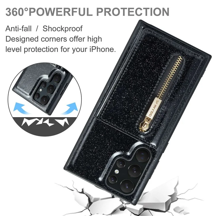 DG.MING M3 Series For Samsung Galaxy S23 Ultra 2-in-1 Glittery PU Leather Coated PC+TPU Back Case Magnetic Detachable Zipper Wallet Anti-drop Phone Cover with Kickstand - Black