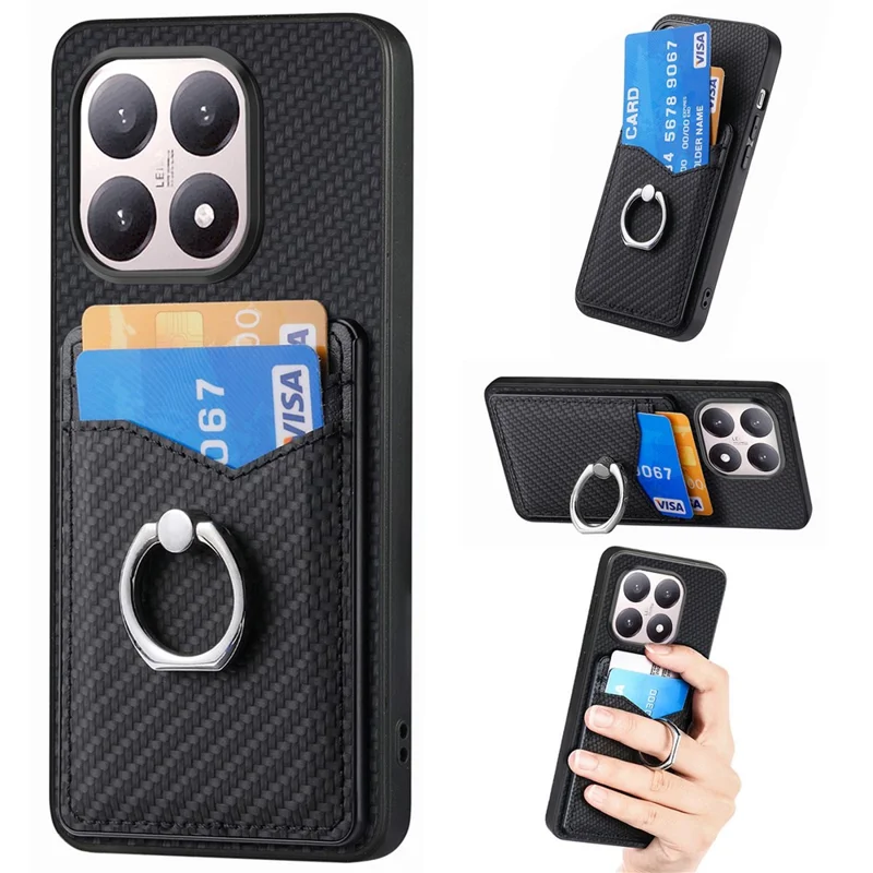 For Xiaomi 15T Case PU Leather Coated PC+TPU Phone Cover with Ring Holder Card Slots - Black