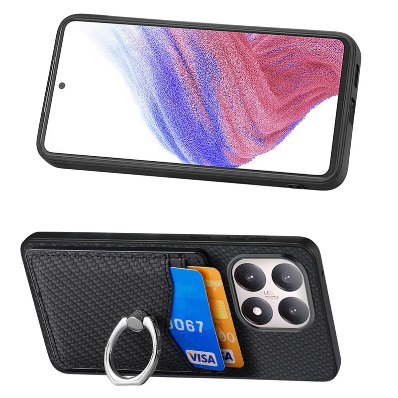 For Xiaomi 15T Case PU Leather Coated PC+TPU Phone Cover with Ring Holder Card Slots - Black