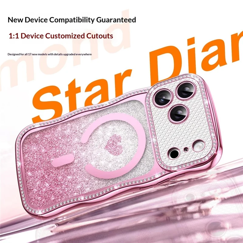 For iPhone 17 Pro Max Magnetic Case Electroplated Wave Frame Rhinestone Decor TPU PC Phone Cover with Love Glitter Paper - Pink