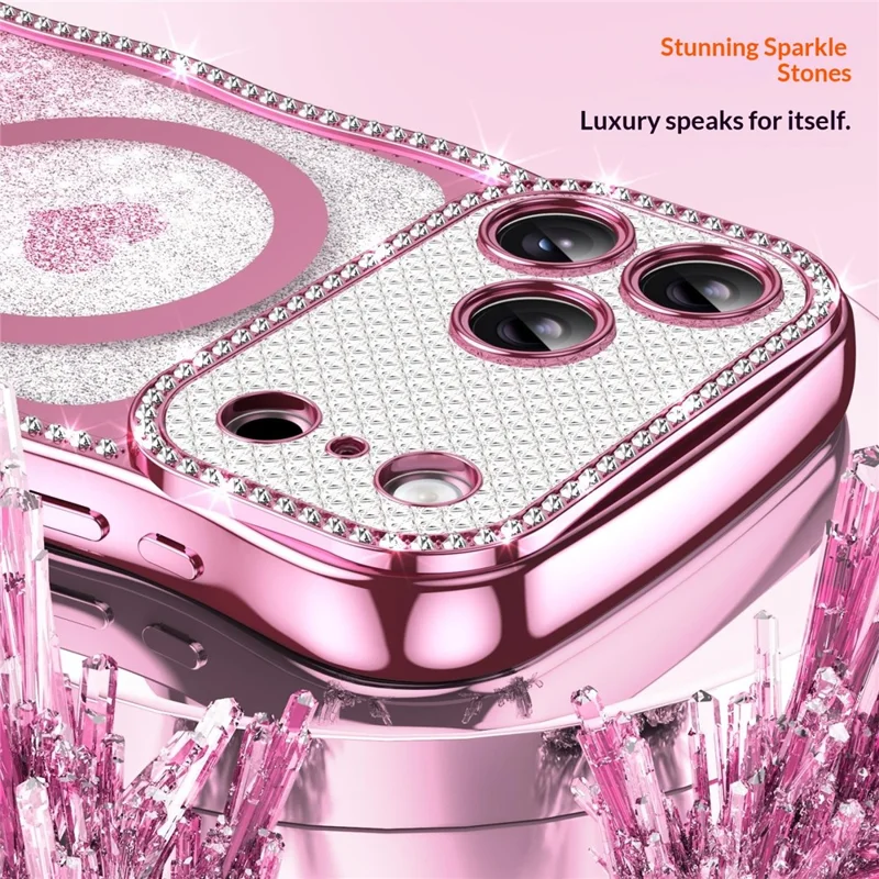 For iPhone 17 Pro Max Magnetic Case Electroplated Wave Frame Rhinestone Decor TPU PC Phone Cover with Love Glitter Paper - Pink