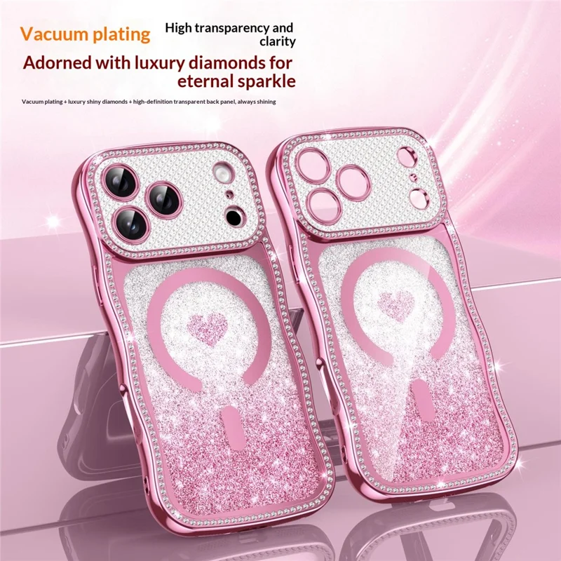 For iPhone 17 Pro Magnetic Case Electroplated Wave Frame Rhinestone Decor TPU PC Phone Cover with Love Glitter Paper - Pink