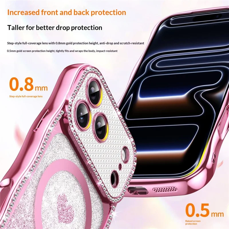 For iPhone 17 Pro Magnetic Case Electroplated Wave Frame Rhinestone Decor TPU PC Phone Cover with Love Glitter Paper - Pink