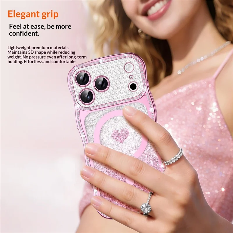 For iPhone 17 Pro Magnetic Case Electroplated Wave Frame Rhinestone Decor TPU PC Phone Cover with Love Glitter Paper - Pink