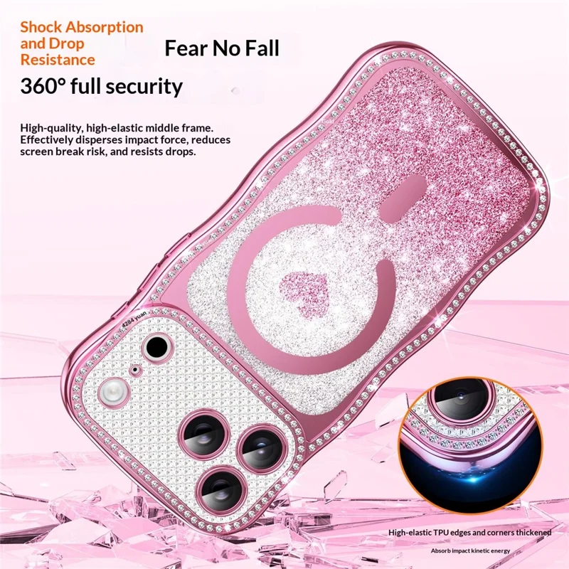 For iPhone 17 Pro Magnetic Case Electroplated Wave Frame Rhinestone Decor TPU PC Phone Cover with Love Glitter Paper - Pink