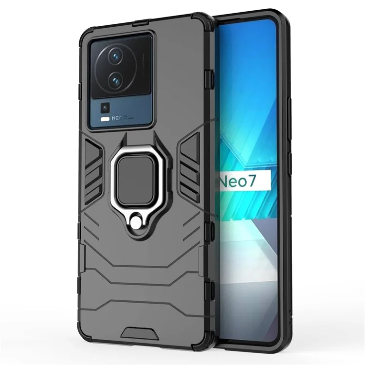 Für Vivo Iqoo Neo7 5G Ringhalter Kickstand Phone Hülle Schockproof PC+Soft TPU Hybridabdeckung - Schwarz