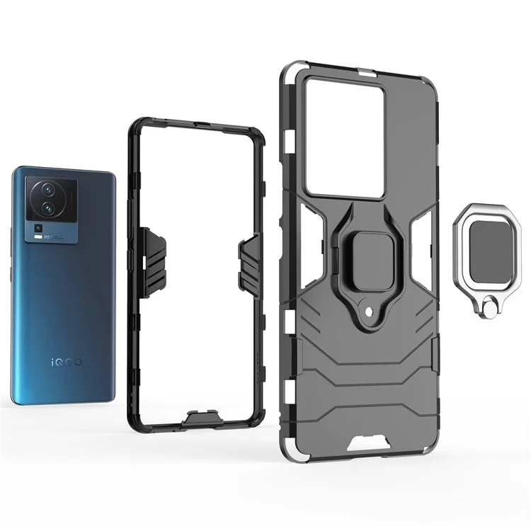 Für Vivo Iqoo Neo7 5G Ringhalter Kickstand Phone Hülle Schockproof PC+Soft TPU Hybridabdeckung - Schwarz