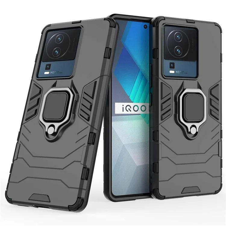 Für Vivo Iqoo Neo7 5G Ringhalter Kickstand Phone Hülle Schockproof PC+Soft TPU Hybridabdeckung - Schwarz