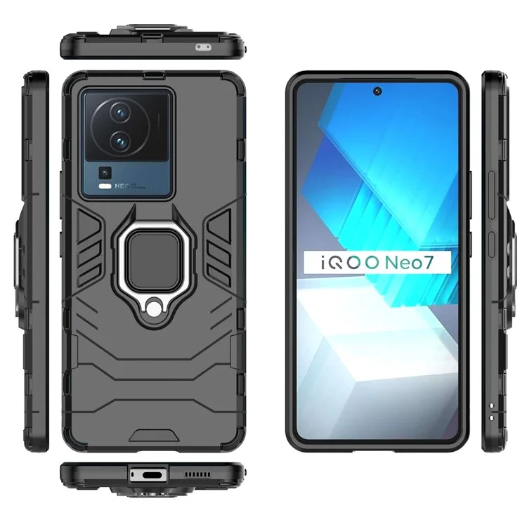 Für Vivo Iqoo Neo7 5G Ringhalter Kickstand Phone Hülle Schockproof PC+Soft TPU Hybridabdeckung - Schwarz