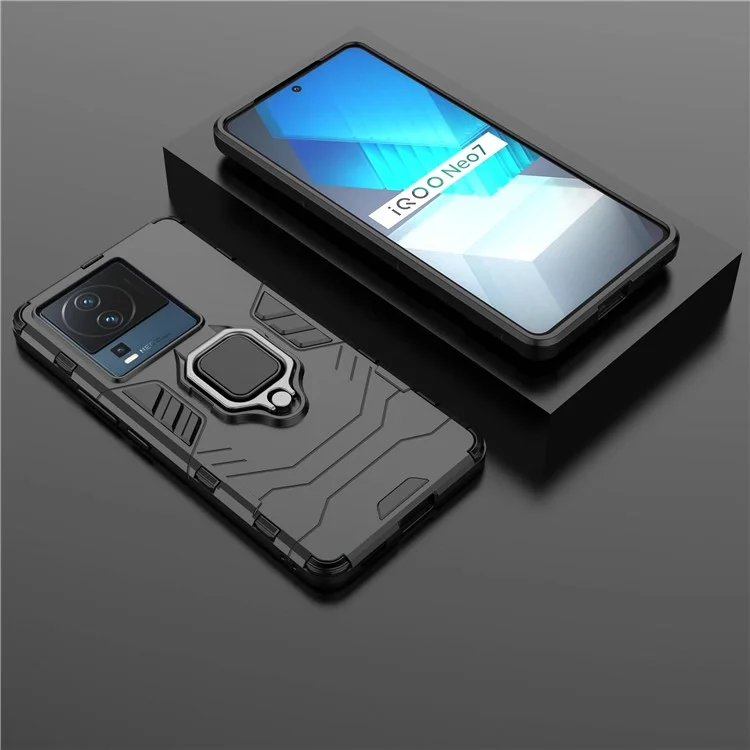 Für Vivo Iqoo Neo7 5G Ringhalter Kickstand Phone Hülle Schockproof PC+Soft TPU Hybridabdeckung - Schwarz