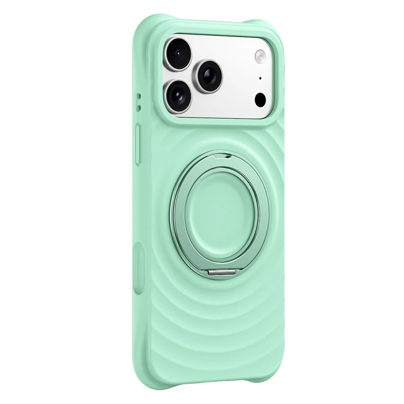 For iPhone 17 Pro Max Magnetic Case Rotating Kickstand Ripple Texture Liquid Silicone Shockproof Phone Cover - Cyan