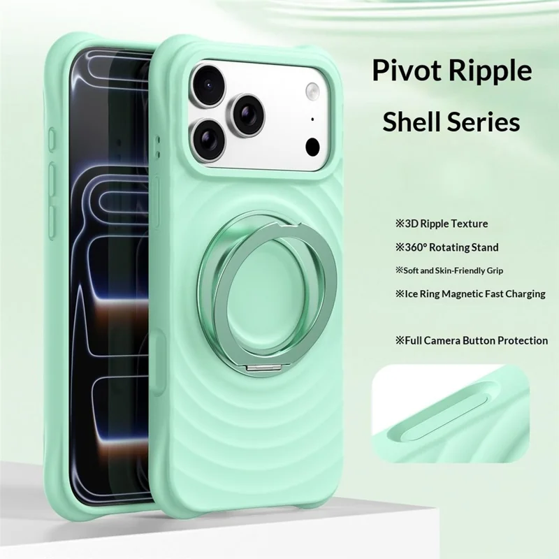 For iPhone 17 Pro Max Magnetic Case Rotating Kickstand Ripple Texture Liquid Silicone Shockproof Phone Cover - Cyan
