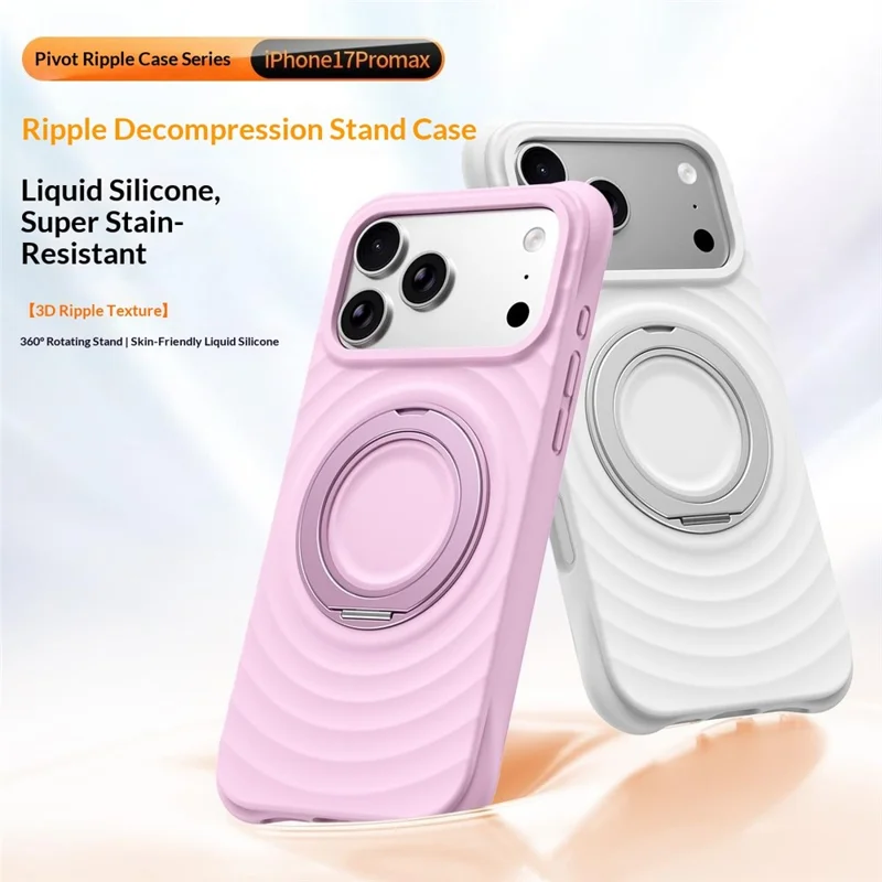 For iPhone 17 Pro Max Magnetic Case Rotating Kickstand Ripple Texture Liquid Silicone Shockproof Phone Cover - Cyan