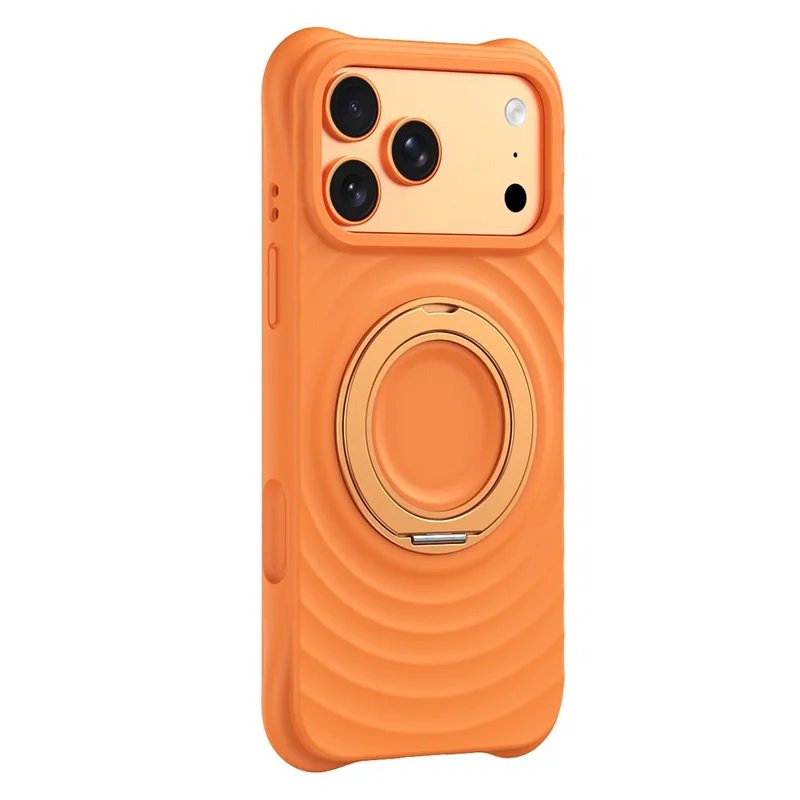 For iPhone 17 Pro Max Magnetic Case Rotating Kickstand Ripple Texture Liquid Silicone Shockproof Phone Cover - Orange