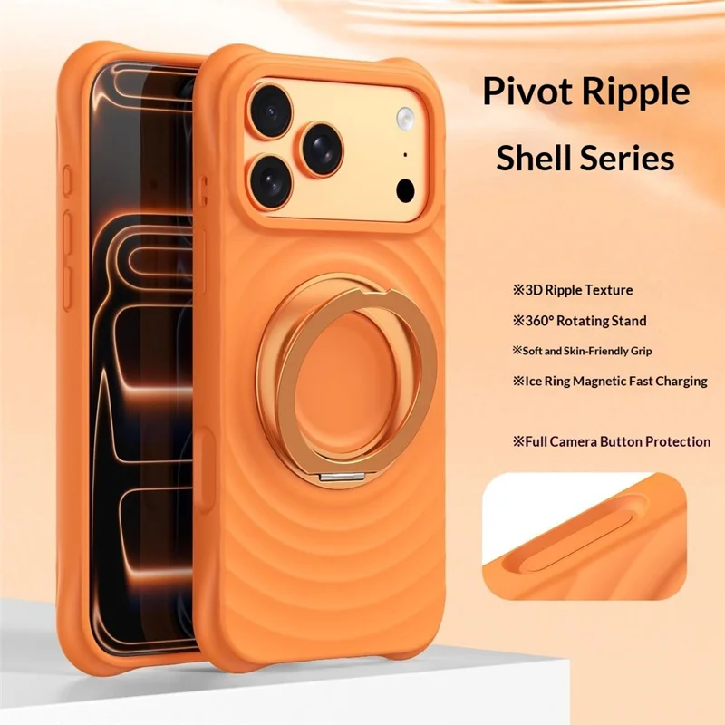 For iPhone 17 Pro Max Magnetic Case Rotating Kickstand Ripple Texture Liquid Silicone Shockproof Phone Cover - Orange