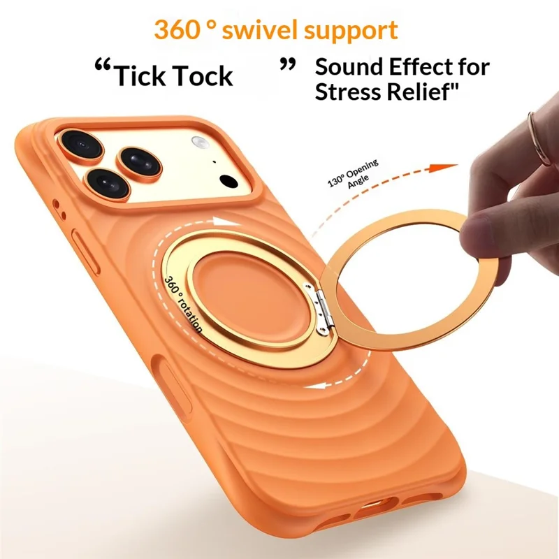 For iPhone 17 Pro Max Magnetic Case Rotating Kickstand Ripple Texture Liquid Silicone Shockproof Phone Cover - Orange