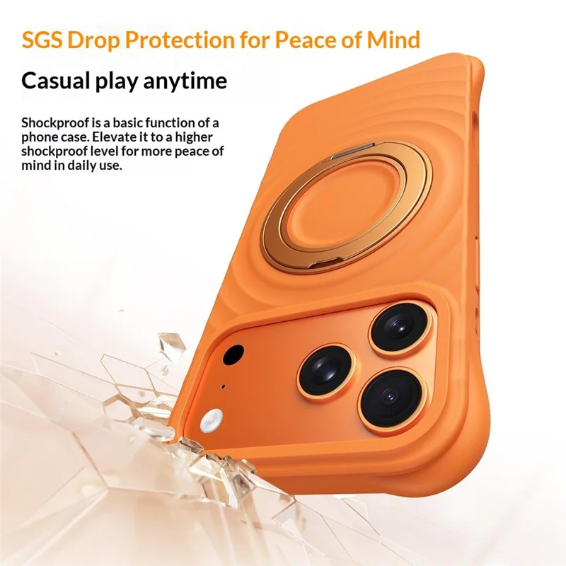 For iPhone 17 Pro Max Magnetic Case Rotating Kickstand Ripple Texture Liquid Silicone Shockproof Phone Cover - Orange