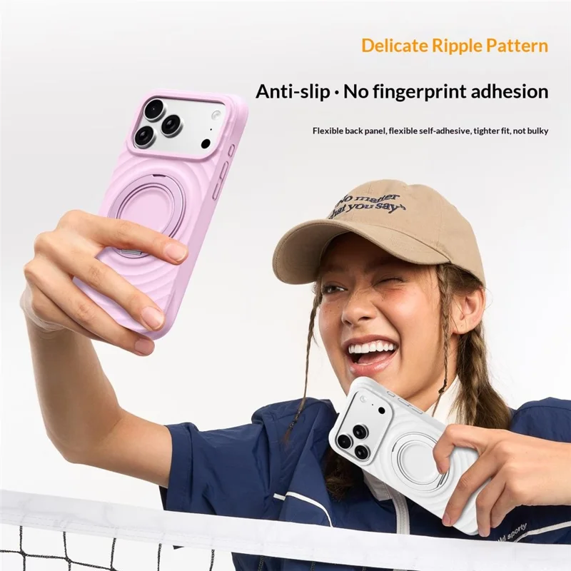 For iPhone 17 Pro Max Magnetic Case Rotating Kickstand Ripple Texture Liquid Silicone Shockproof Phone Cover - Orange