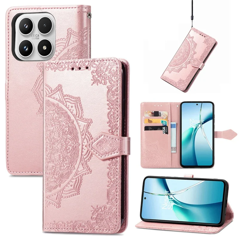 For Xiaomi 17 Wallet Case Mandala Flower Leather Phone Cover Stand - Rose Gold