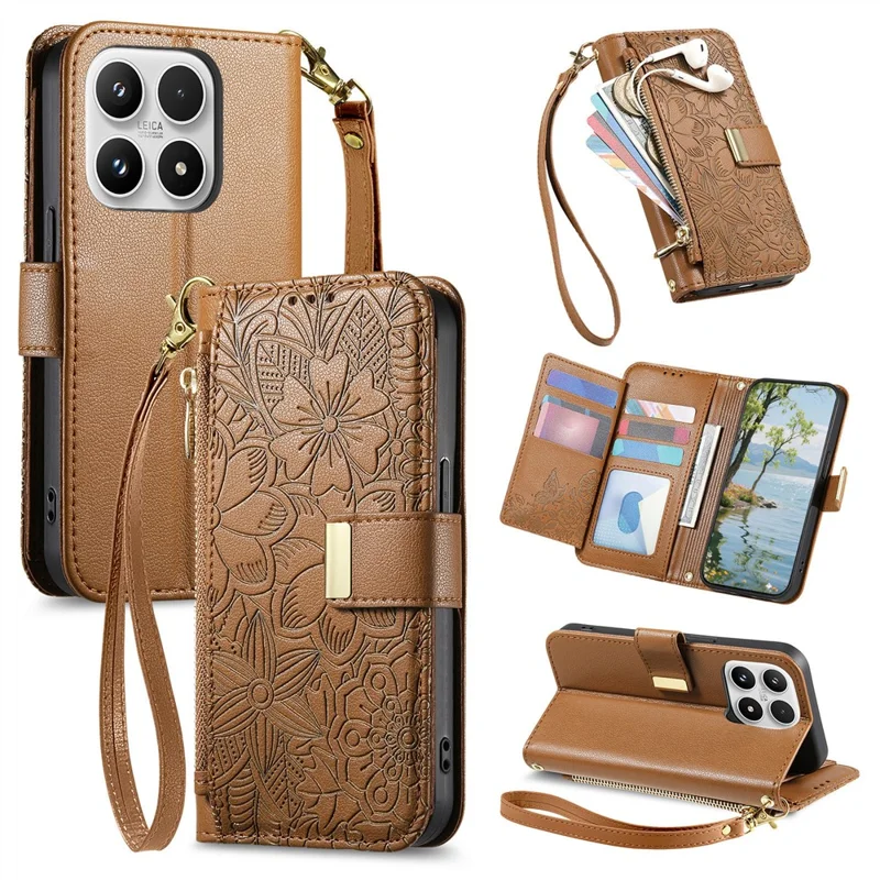 For Xiaomi 17 Case Floral Leaf Pattern Multi Card Slots Zipper Leather Phone Cover with Wrist Strap - Brown
