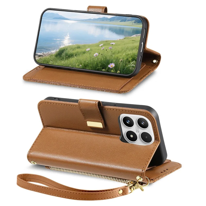 For Xiaomi 17 Case Floral Leaf Pattern Multi Card Slots Zipper Leather Phone Cover with Wrist Strap - Brown