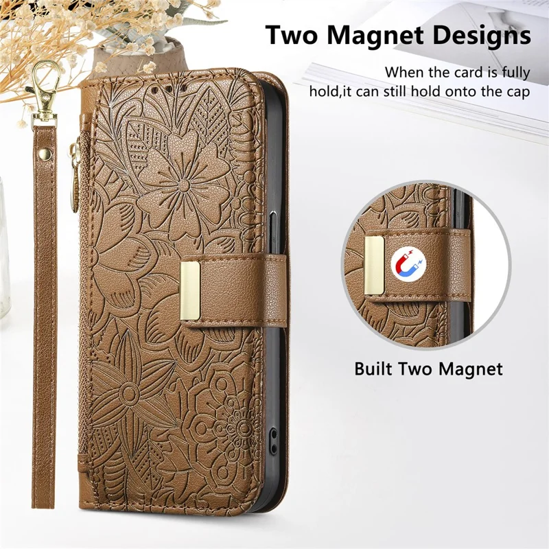 For Xiaomi 17 Case Floral Leaf Pattern Multi Card Slots Zipper Leather Phone Cover with Wrist Strap - Brown
