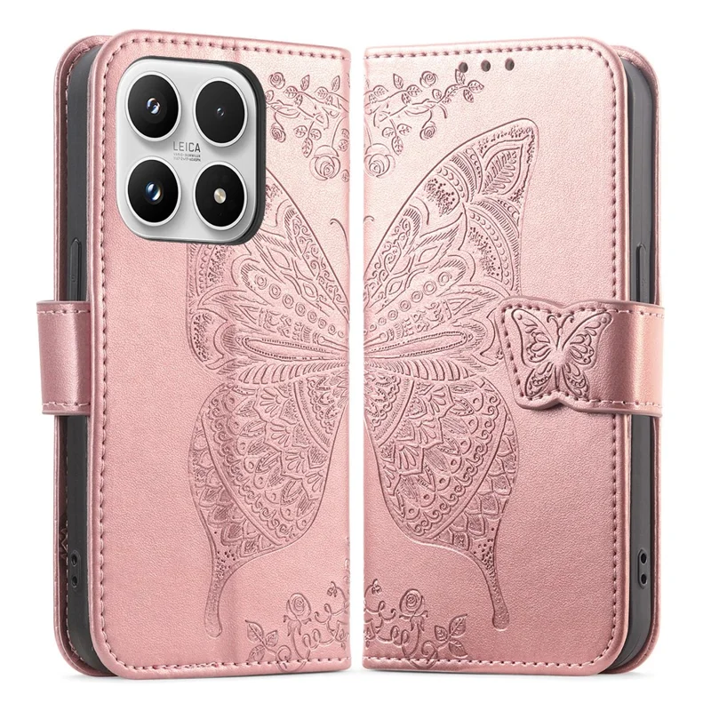 For Xiaomi 17 Case with Strap Butterfly Pattern PU Leather Wallet Phone Cover - Rose Gold
