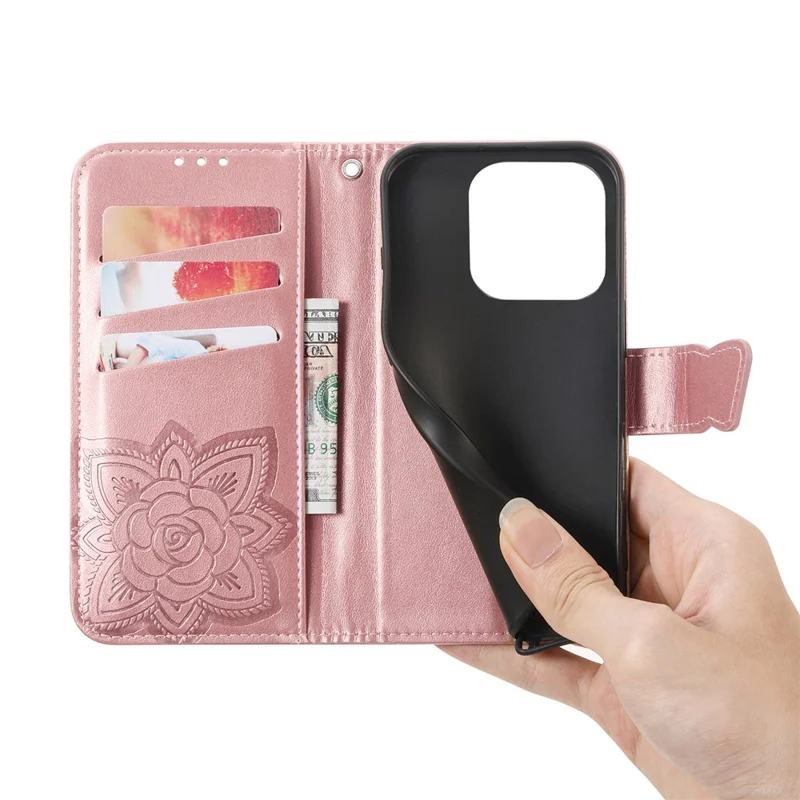 For Xiaomi 17 Case with Strap Butterfly Pattern PU Leather Wallet Phone Cover - Rose Gold