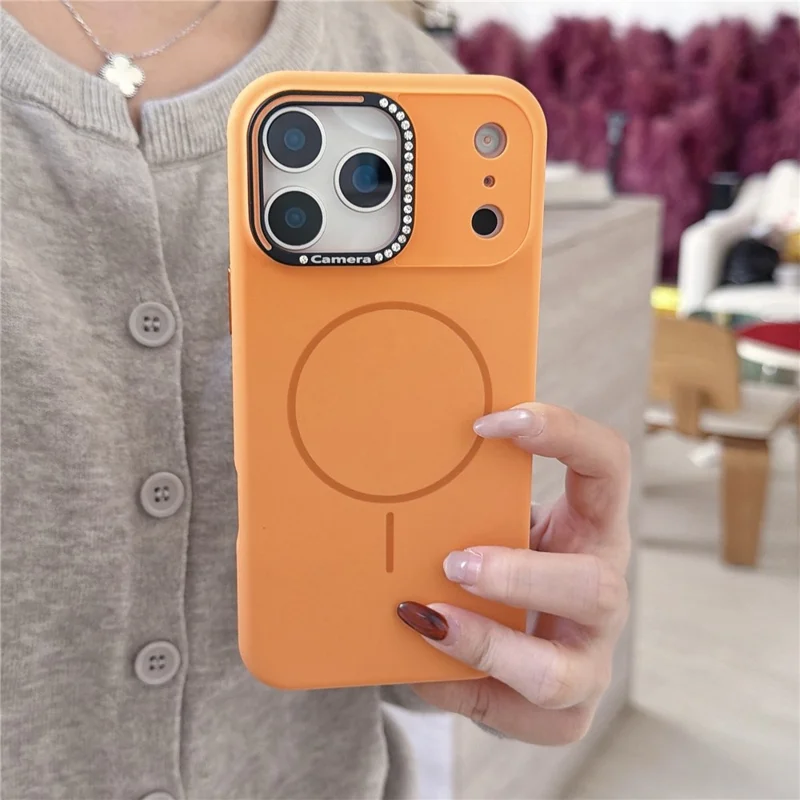 For iPhone 17 Pro Max Case Compatible with MagSafe Rhinestone Decor Lens Frame Silicone Phone Cover - Orange