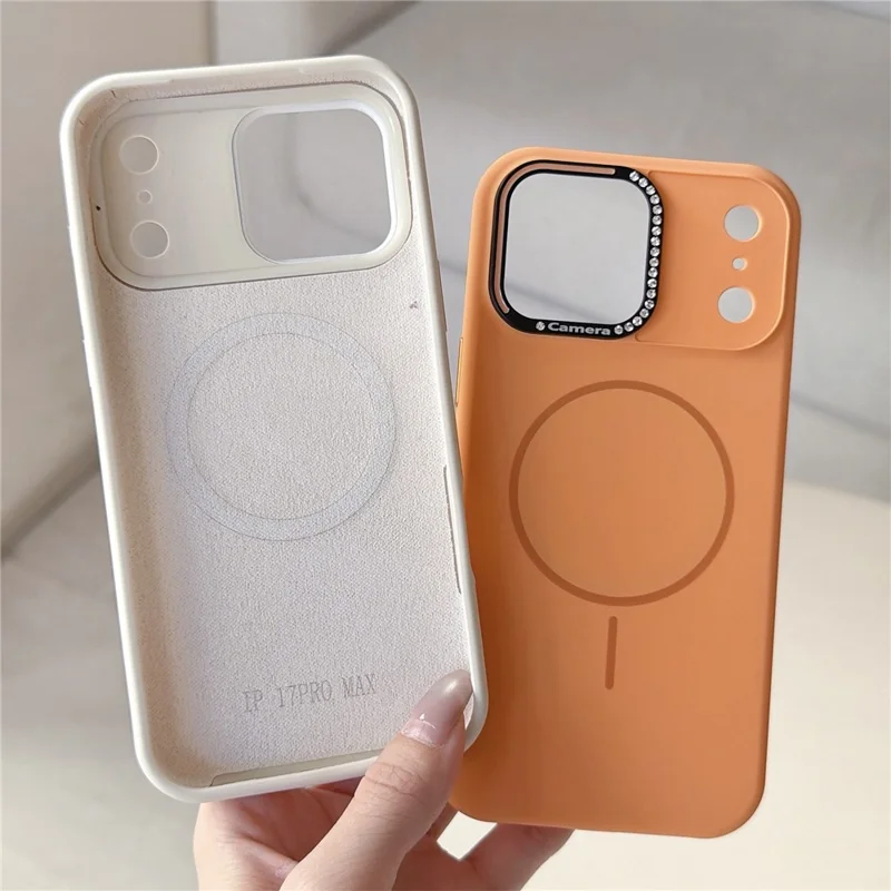 For iPhone 17 Pro Max Case Compatible with MagSafe Rhinestone Decor Lens Frame Silicone Phone Cover - Orange