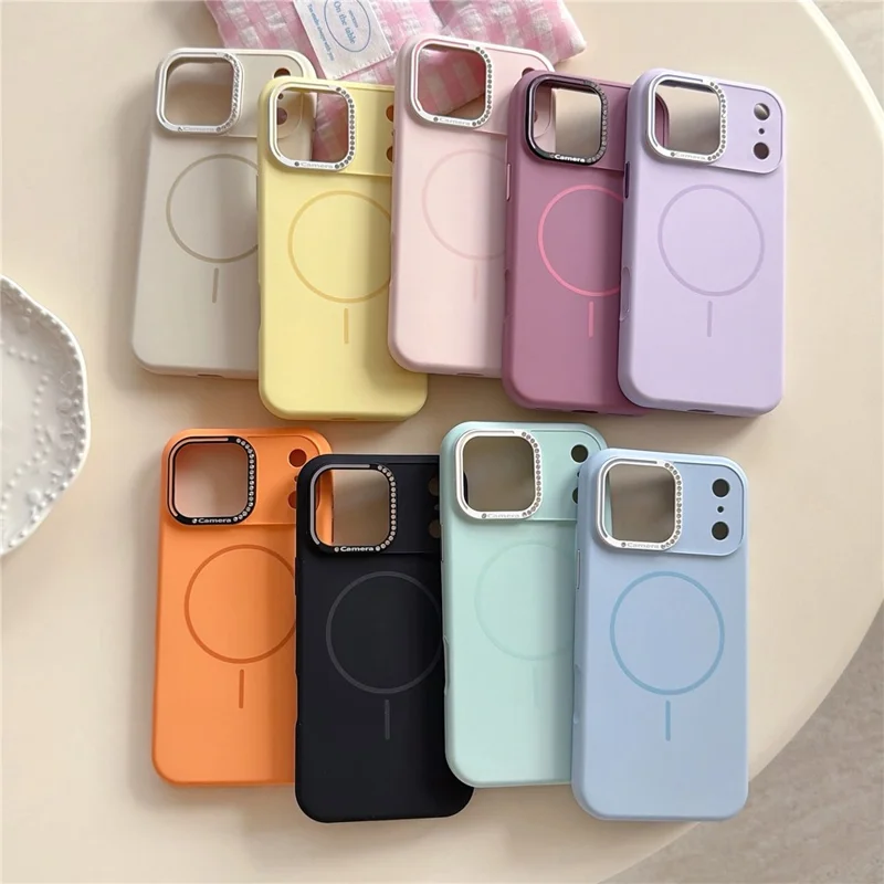 For iPhone 17 Pro Max Case Compatible with MagSafe Rhinestone Decor Lens Frame Silicone Phone Cover - Orange