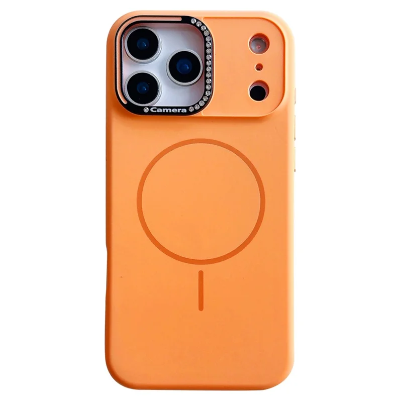For iPhone 17 Pro Case Compatible with MagSafe Rhinestone Decor Lens Frame Silicone Phone Cover - Orange