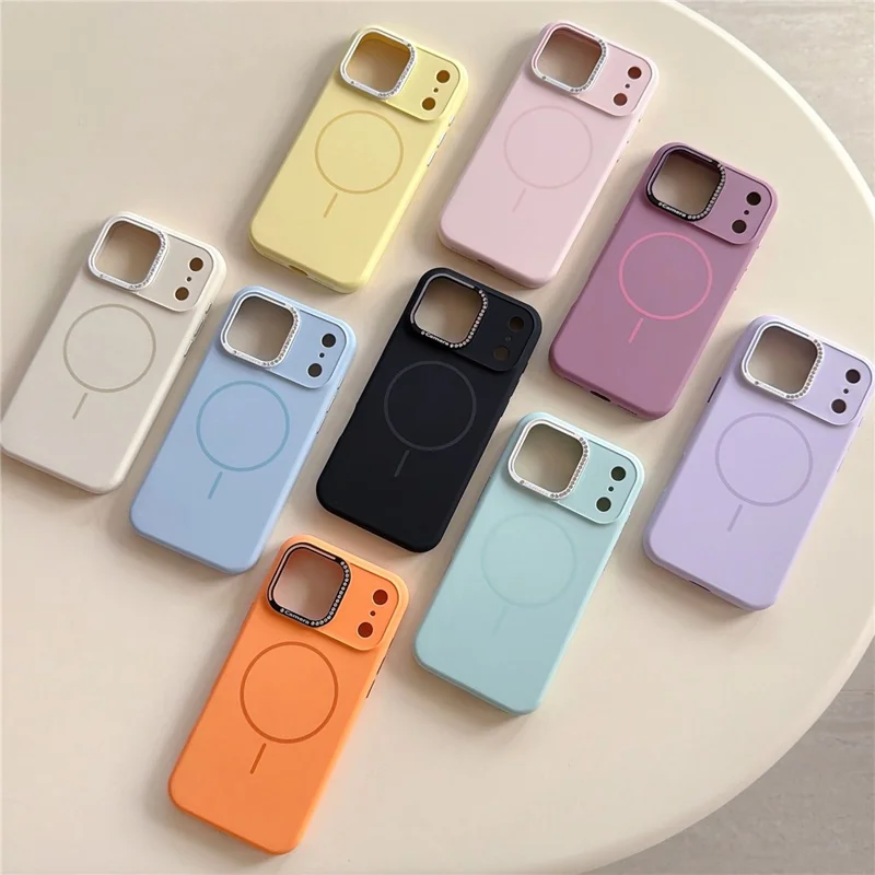 For iPhone 17 Pro Case Compatible with MagSafe Rhinestone Decor Lens Frame Silicone Phone Cover - Orange