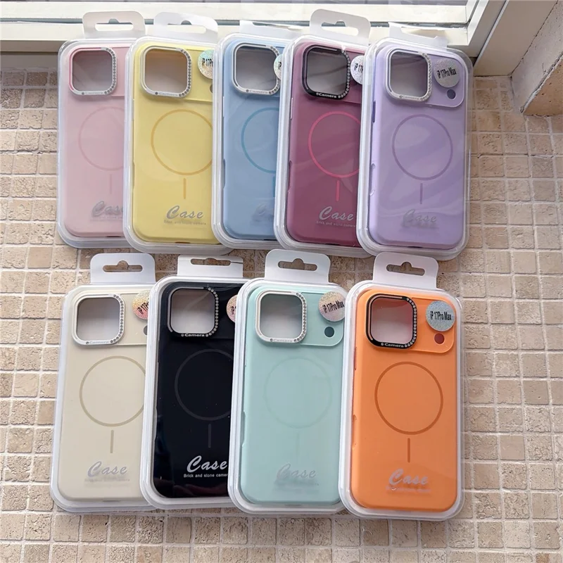 For iPhone 17 Pro Case Compatible with MagSafe Rhinestone Decor Lens Frame Silicone Phone Cover - Orange