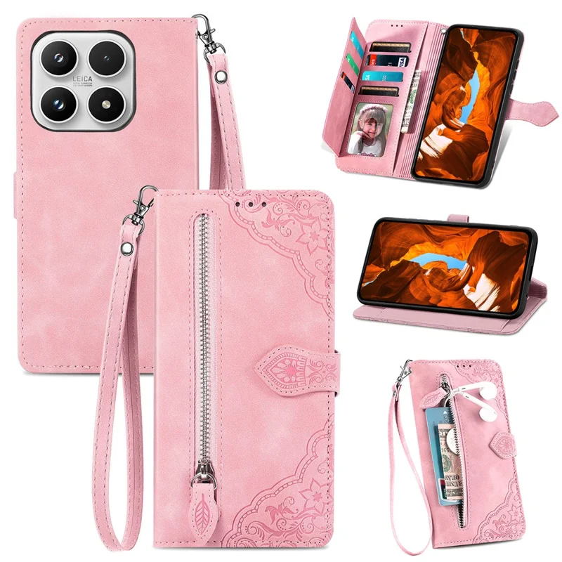 For Xiaomi 17 Zipper Wallet Case with Strap Flower Imprint PU Leather Phone Cover - Pink