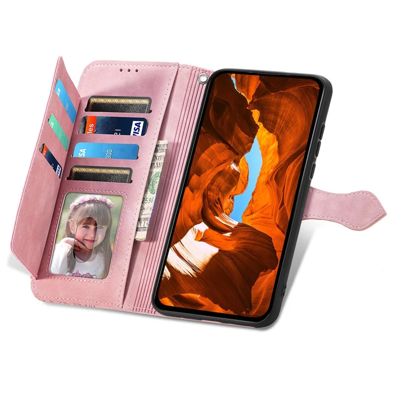 For Xiaomi 17 Zipper Wallet Case with Strap Flower Imprint PU Leather Phone Cover - Pink